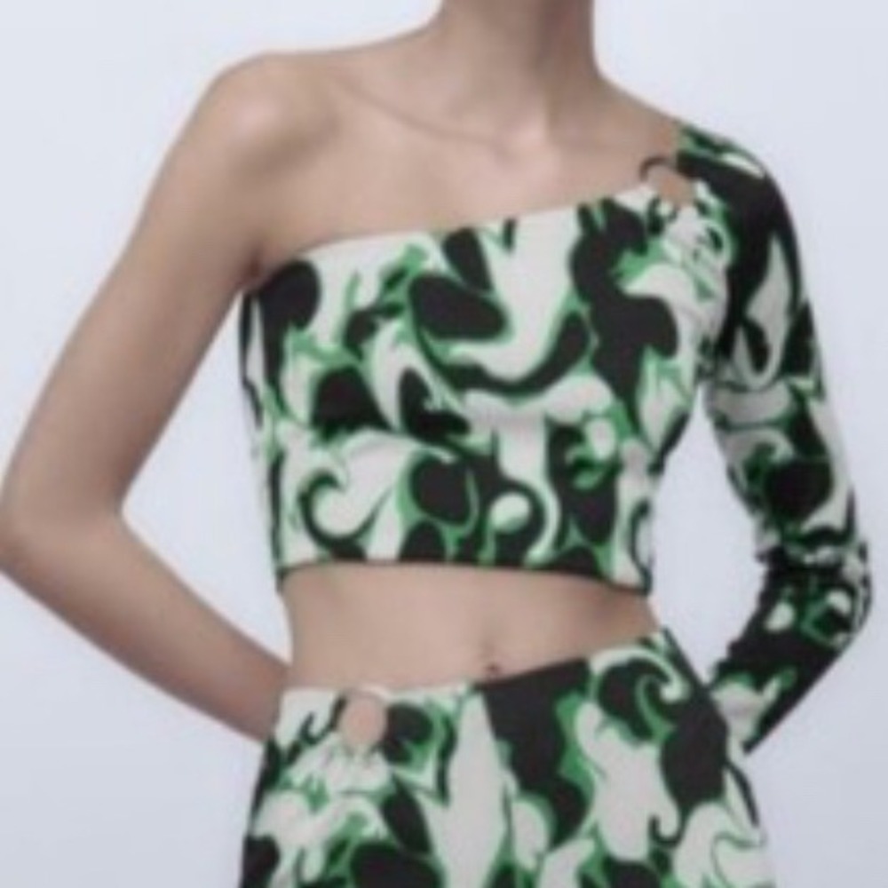 ZARA Green White Jacquard Retro One Shoulder Cropped Top Medium | EUC‎